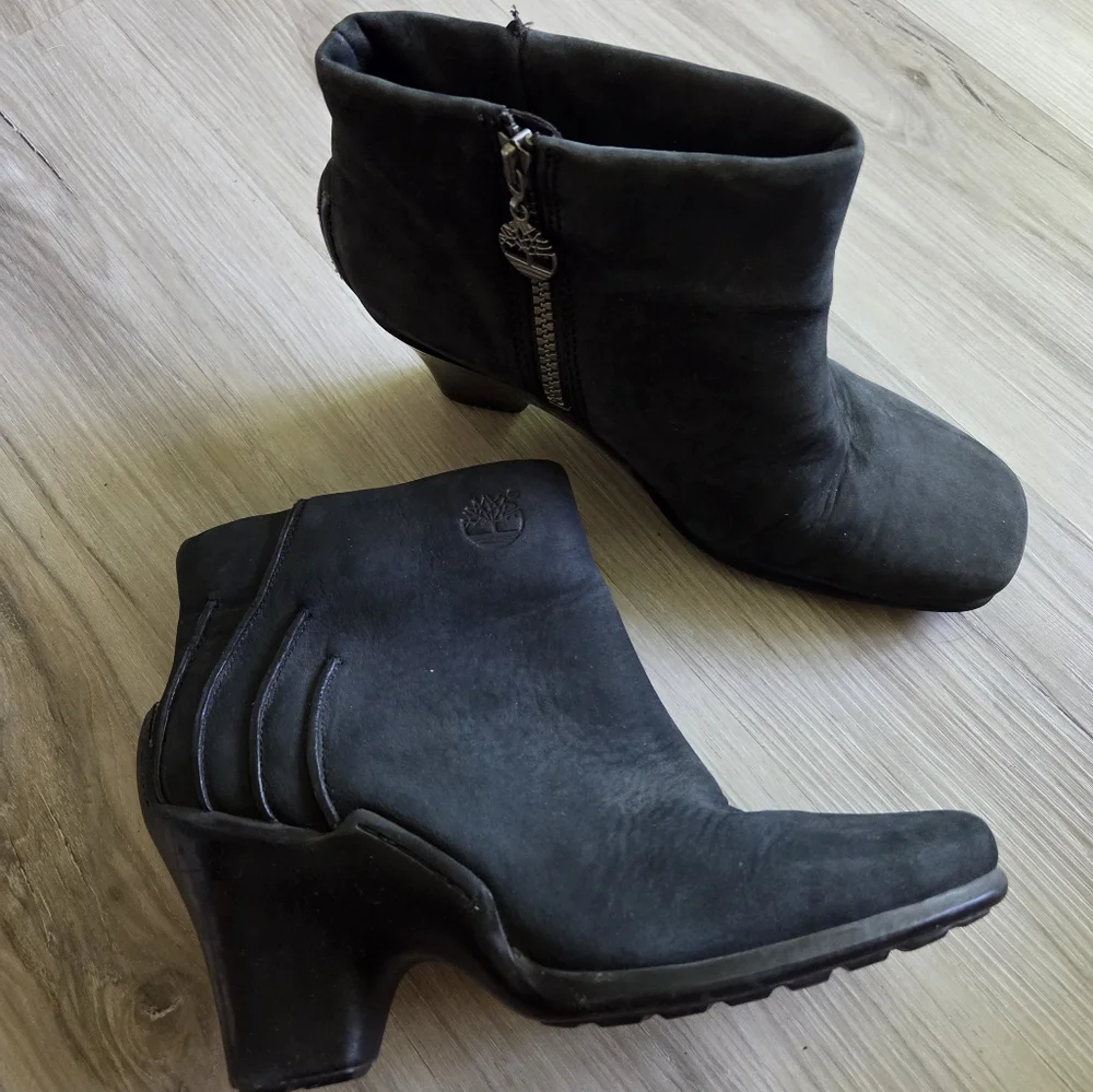 Timberland Baychester Black Leather‎ Suede Ankle Boots Womens 8 Heeled Booties
